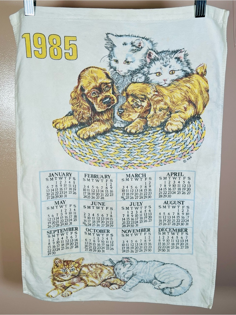Vintage 1985 Calendar Kitchen Towel with Kittens & Puppies